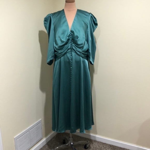 Jonathan Simkhai Midi Dress Size 16 Jade Green Ruched Sleeve Fit And Flare - Picture 2 of 11